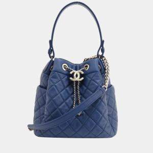 Chanel Blue Lambskin Leather Drawstring CC Bucket Bag