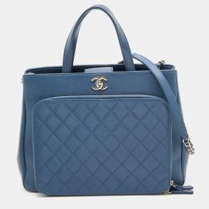 Pre Owned Chanel Blue Quilted Caviar Leather Large Business Affinity Shopper Tote