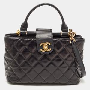 Chanel Black Quilted Leather Gold Bar Top Handle Bag
