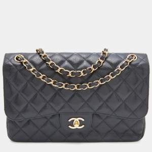 Pre Owned Chanel Black Quilted Caviar Leather Jumbo Classic Double Flap Bag