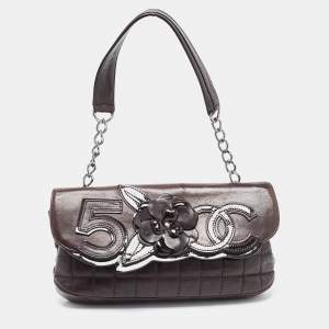 Chanel Dark Brown Choco Quilted Leather Camellia No. 5 Shoulder Bag