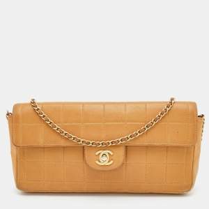 Pre Owned Chanel Beige Chocolate Bar Quilted Leather East West Flap Bag
