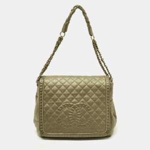 Pre Owned Chanel Metallic Olive Green Quilted Leather Istanbul Accordion Flap Bag