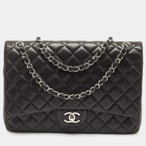 Pre Owned Chanel Black Quilted Lambskin Leather Maxi Classic Double Flap Bag