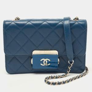 Pre Owned Chanel Blue Quilted Leather Mini Beauty Lock Flap Bag