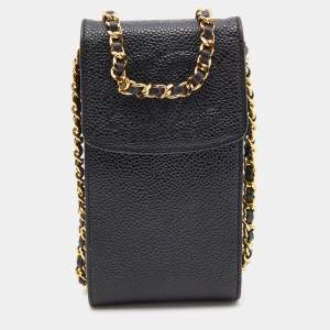 Pre Owned Chanel Black Caviar Quilted Leather Vintage Flap Chain Phone Case