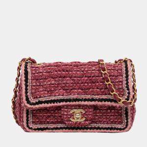 Pre Owned Chanel Red Mini Braided Classic Tweed Single Flap Bag