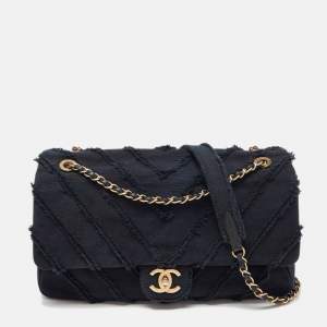 Chanel Black Chevron Patchwork Canvas Maxi CC Flap Bag