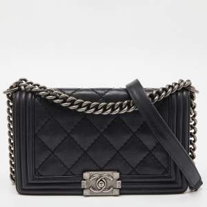 Pre Owned Chanel Black Quilted Leather Medium Double Stitch Boy Flap Bag
