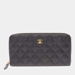 Chanel Black Caviar Leather Zip Around Wallet