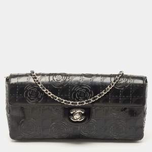 Chanel Black Patent Leather Camellia Laser Cut East West Flap Bag