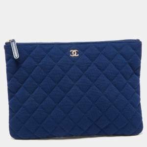 Chanel Blue Quilted Jersey Medium O Case Clutch