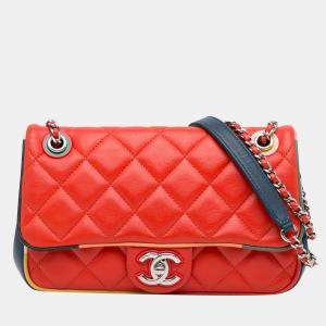 Pre Owned Chanel Red Small Lambskin Cuba Color Flap Bag