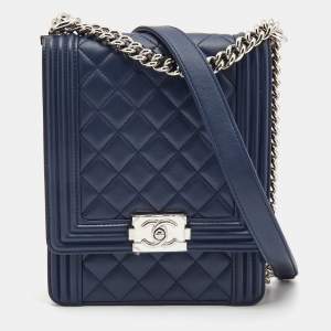 Pre Owned Chanel Blue Quilted Leather North South Boy Shoulder Bag