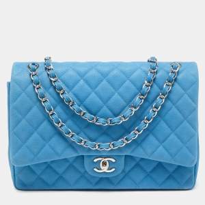 Pre Owned Chanel Blue Quilted Caviar Leather Maxi Classic Double Flap Bag
