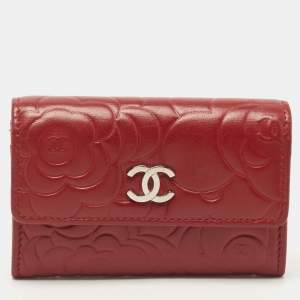 Chanel Red Camellia Embossed Leather CC Flap Card Case