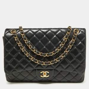 Pre Owned Chanel Black Quilted Lambskin Leather Maxi Classic Double Flap Bag