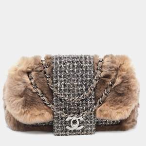 Pre Owned Chanel Brown/Black Fantasy Fur And Tweed Flap Shoulder Bag