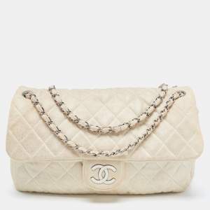 Pre Owned Chanel White/Gold Quilted Jersey CC Flap Bag