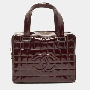 Pre Owned Chanel Red Cube Bar Quilted Patent Leather Boston Bag