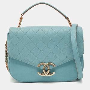 Pre Owned Chanel Light Blue Quilted Caviar Leather Small Cuba CC Flap Bag