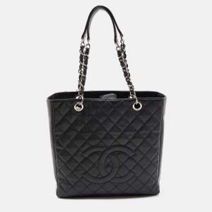 Pre Owned Chanel Black Quilted Caviar Leather XL Petite Shopping Tote