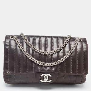 Pre Owned Chanel Brown Vertical Quilted Leather Medium Flap Bag