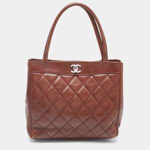 Pre Owned Chanel Brown Quilted Leather Vintage CC Turnlock Tote