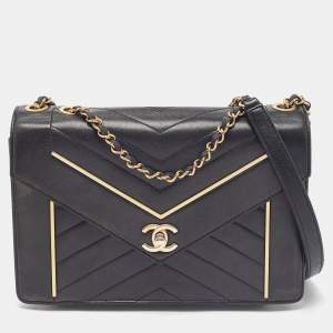 Chanel Black Leather Reversed Chevron Flap Bag