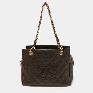 Pre Owned Chanel Brown Quilted Caviar Leather Petite Timeless Shopper Tote