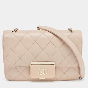 Pre Owned Chanel Beige Quilted Leather Mini Beauty Lock Flap Bag