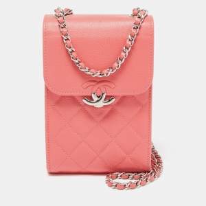 Pre Owned Chanel Coral Pink Quilted Caviar Leather CC Phone Flap Crossbody Bag
