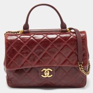 Chanel Burgundy Aged Leather Gold Bar Top Handle Bag