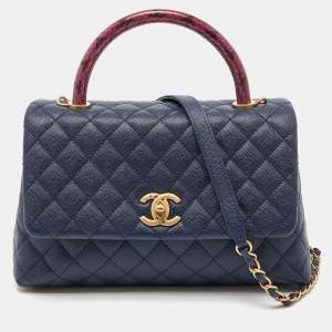 Chanel Blue/Pink Quilted Caviar Leather and Watersnake Leather Medium Coco Top Handle Bag