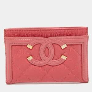 Chanel Pink Quilted Caviar Leather CC Filigree Card Holder 