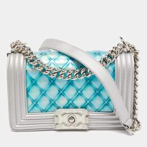 Pre Owned Chanel Silver/Blue PVC and Leather Small Water Boy Flap Bag
