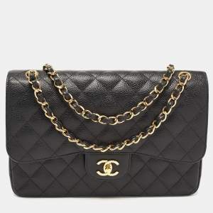 Pre Owned Chanel Black Quilted Caviar Leather Jumbo Classic Double Flap Bag