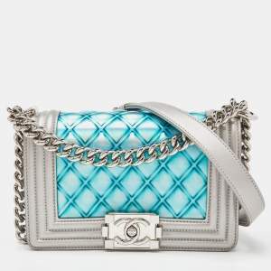Pre Owned Chanel Silver/Blue PVC and Leather Small Water Boy Flap Bag