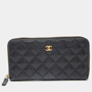 Chanel Black Quilted Caviar Leather CC Zip Around Wallet