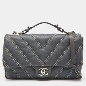 Chanel Grey Chevron Stitched Leather CC Top Handle Flap Bag