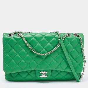Pre Owned Chanel Green Quilted Leather 3 Compartment Classic Flap Bag