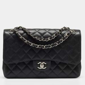 Pre Owned Chanel Black Quilted Caviar Leather Jumbo Classic Double Flap Bag