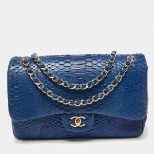 Pre Owned Chanel Blue Python Jumbo Classic Double Flap Bag