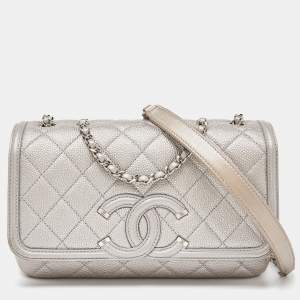 Pre Owned Chanel Silver Quilted Caviar Leather Small CC Filigree Flap Bag