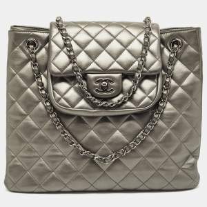 Pre Owned Chanel Dark Grey Quilted Leather Front Flap Pocket Tote