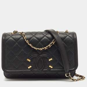 Pre Owned Chanel Black Quilted Caviar Leather Small CC Filigree Flap Bag