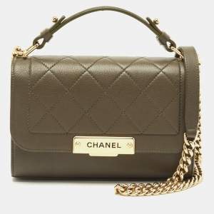 Pre Owned Chanel Olive Green Quilted Leather Small Label Click Flap Bag