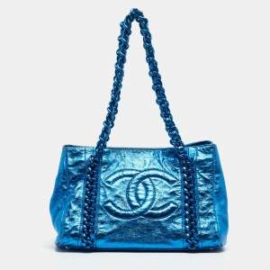 Pre Owned Chanel Metallic Blue Leather Modern Chain Tote