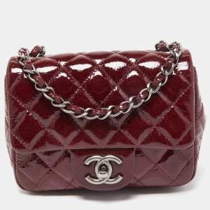 Pre Owned Chanel Red Quilted Patent Leather Mini Square Classic Flap Bag
