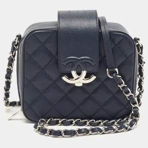 Pre Owned Chanel Navy Blue Quilted Leather Mini CC Box Camera Bag